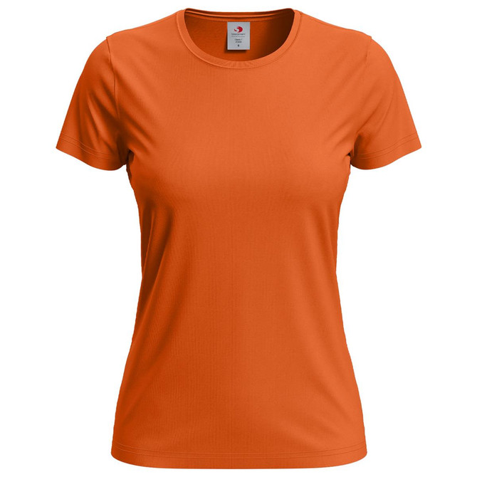 An orange women's classic T-shirt with a round neckline and short sleeves, featuring a logo on the label.