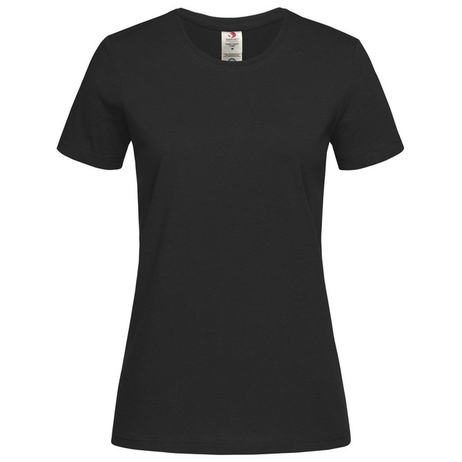 A black women's classic organic crew neck t-shirt with short sleeves and a label at the neckline.