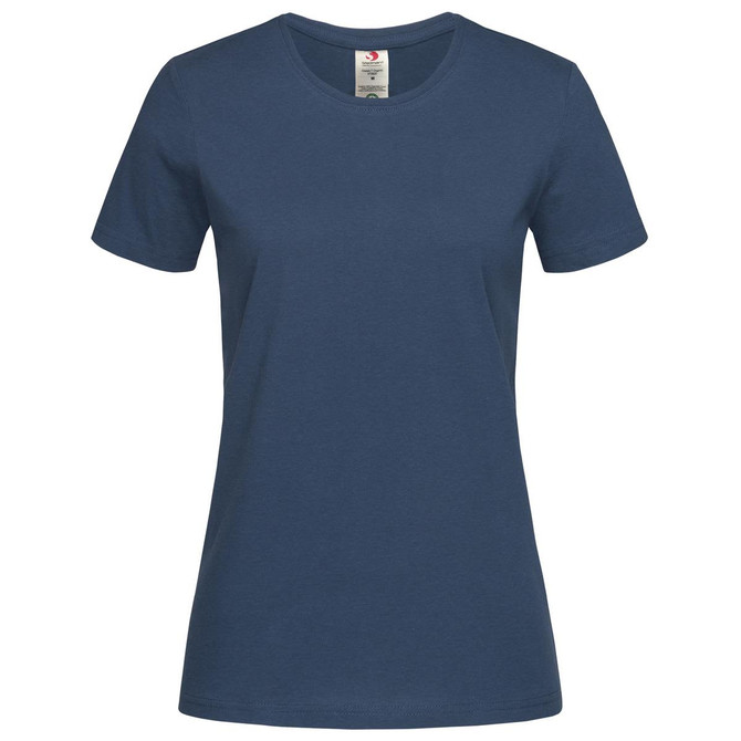 A women's organic crew neck T-shirt in a deep navy colour, featuring short sleeves and a simple design.