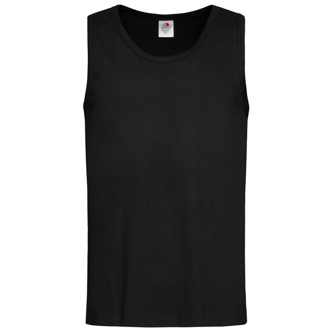 A black men's classic tank top with a round neckline and a logo label on the interior.
