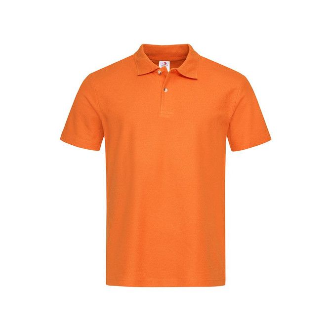 An orange heavyweight polo shirt with a collar and short sleeves, featuring a small logo.