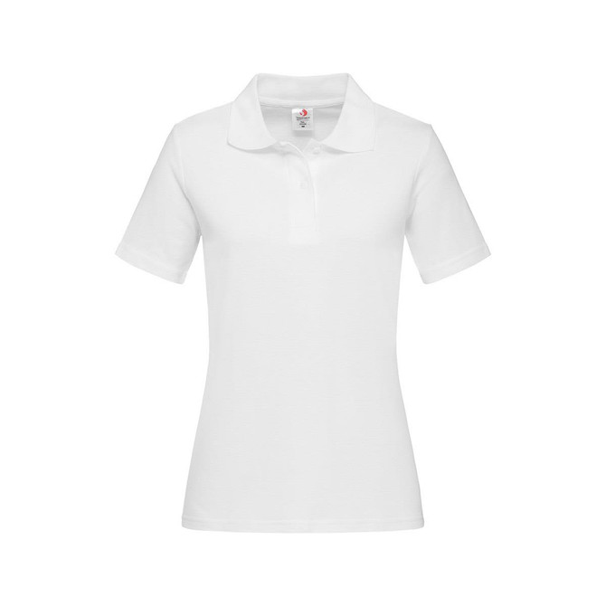 A white women's heavyweight polo shirt with a classic collar. It has short sleeves and features a logo.
