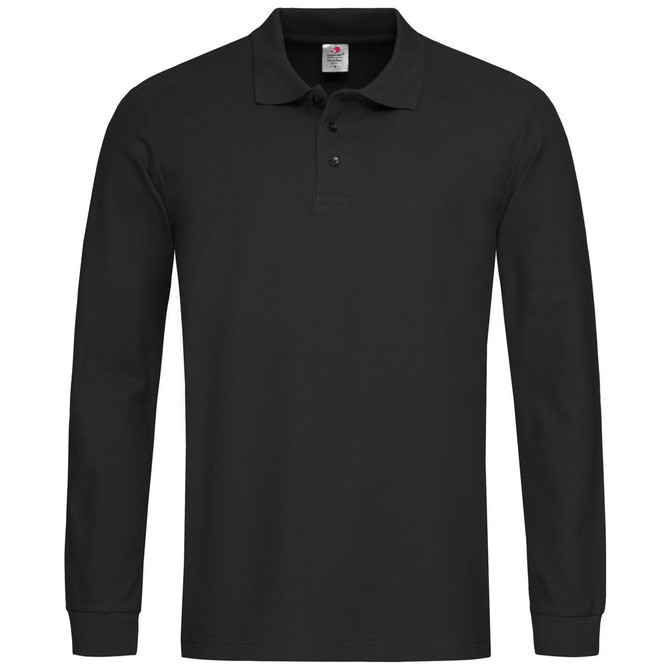 A black long sleeve polo shirt with a collar and a logo. Suitable for casual or smart-casual wear.