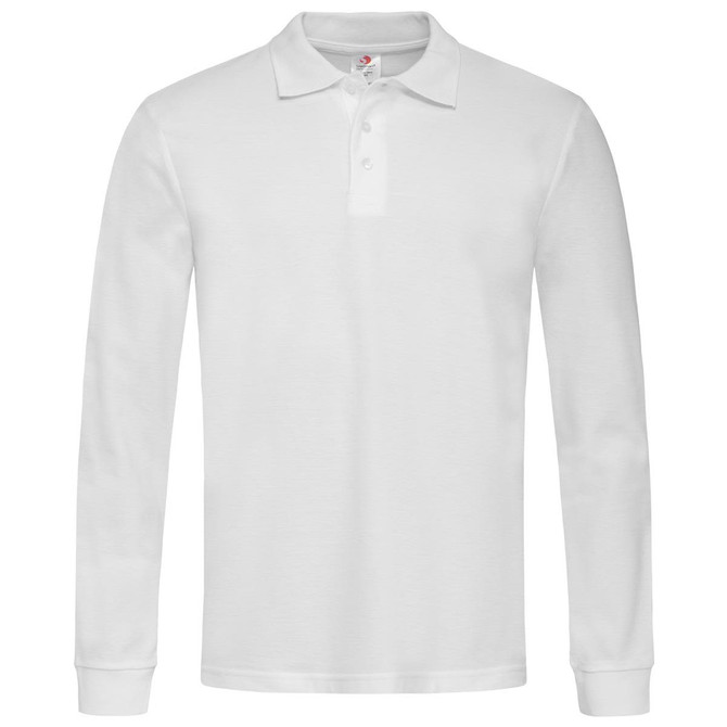 A white long sleeve polo shirt featuring a collar and button placket, with a logo on the chest.