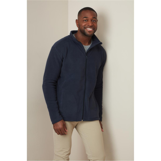 A dark navy men's active fleece jacket with a zip front, featuring a stand-up collar and a fitted design.