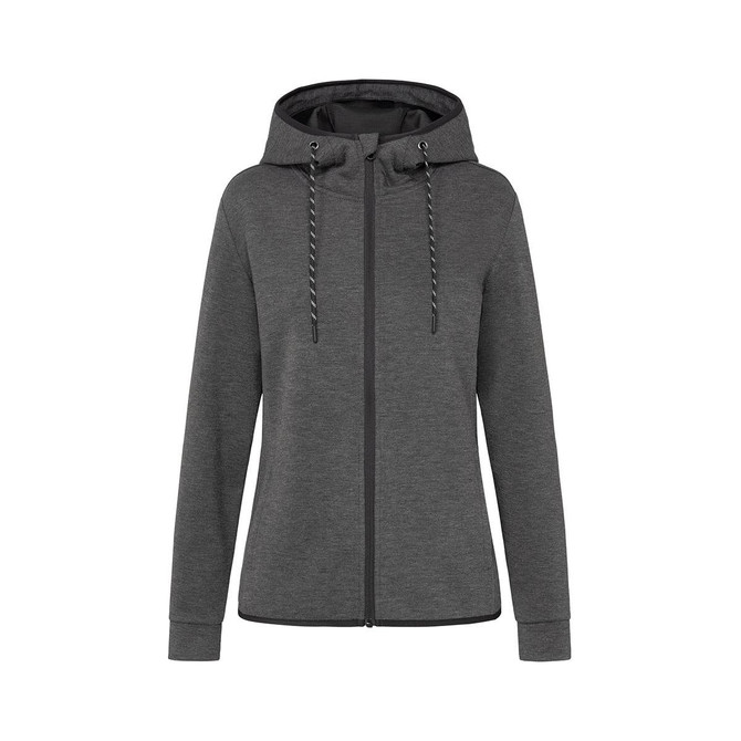 A women's recycled scuba jacket in grey with a hood and drawstring detail, featuring a front zip and a logo.