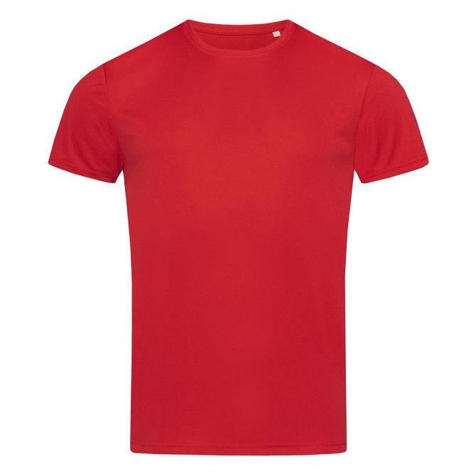 A vibrant red men's active sports T-shirt with short sleeves and a logo.