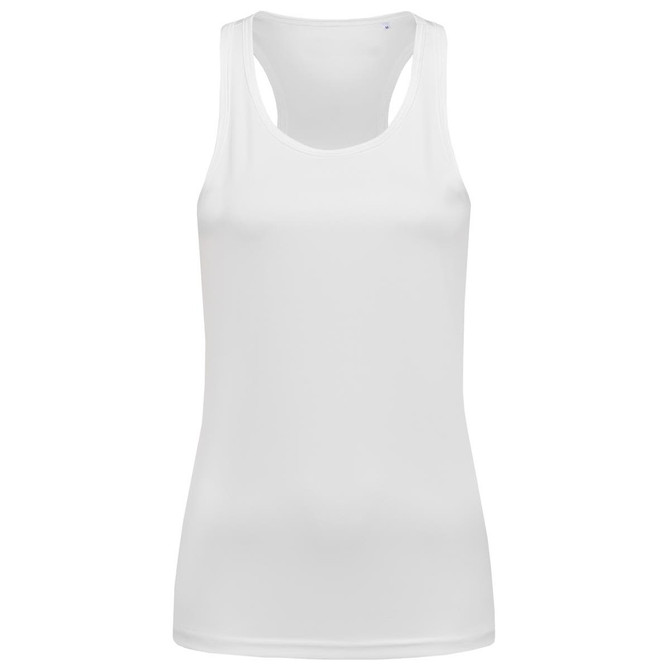 A women's active sports top in white, featuring a sleeveless design and a logo on the side.
