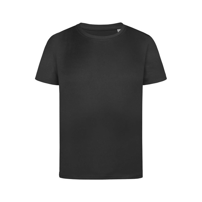 A black kids' T-shirt with a classic crew neckline and short sleeves. It features a logo on the front.