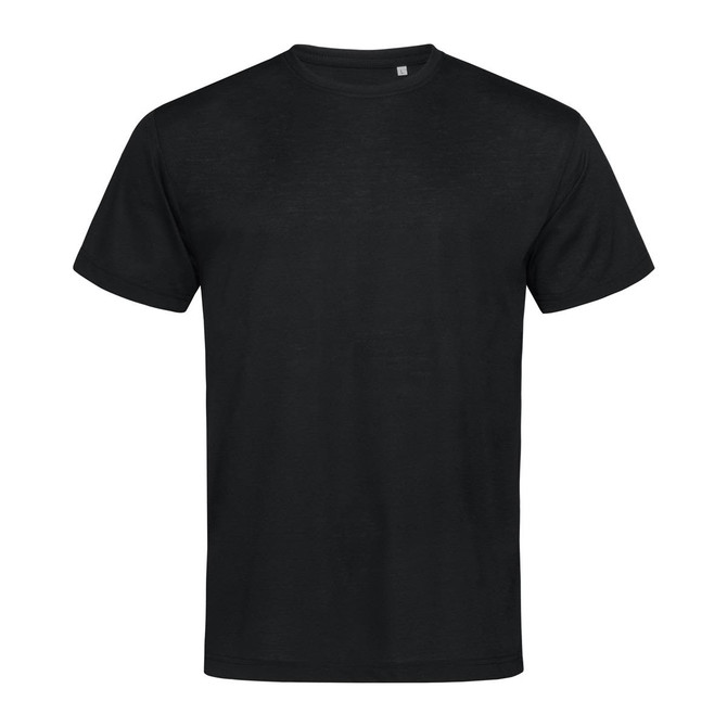 A black men's T-shirt made from active cotton, featuring a simple design and a logo on the label.