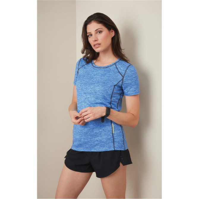 A blue recycled sports T-shirt with black accents, featured on a model, paired with black shorts.