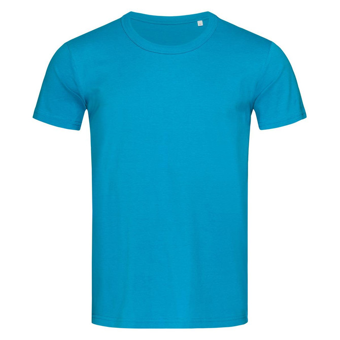 A bright turquoise men's crew neck t-shirt, featuring short sleeves and a plain design.