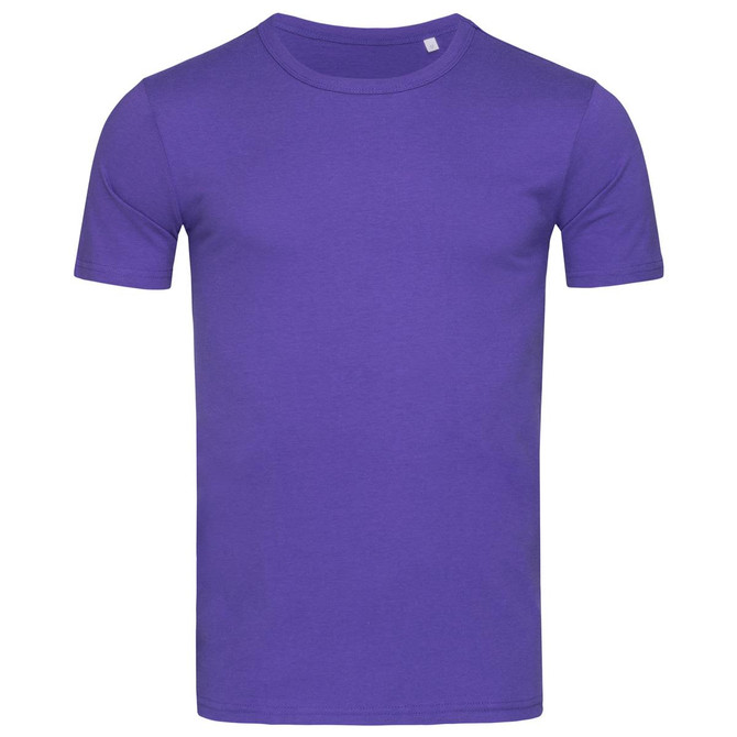 A purple men's crew neck t-shirt. It features short sleeves and a simple design with a logo.