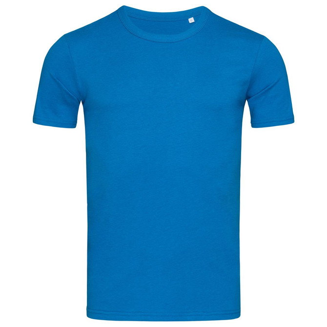 A bright blue men's crew neck t-shirt with short sleeves and a minimalistic design. It features a logo on the label.