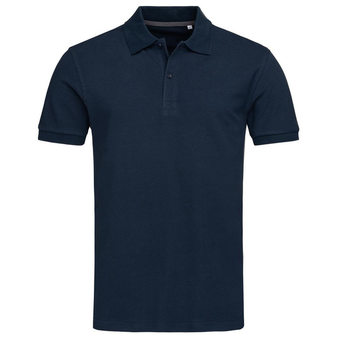 A navy blue men's polo shirt featuring a collar, three-button placket, and a logo on the chest.