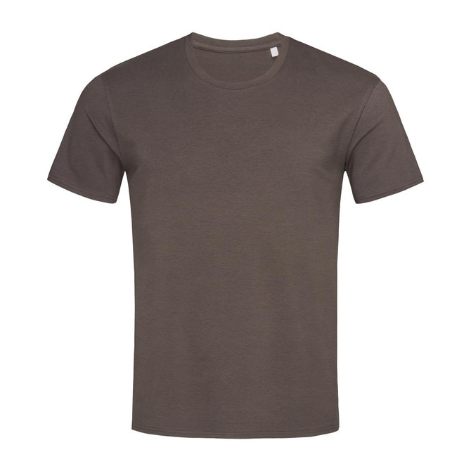 A men's crew neck t-shirt in a muted olive green colour with short sleeves and a logo on the label.