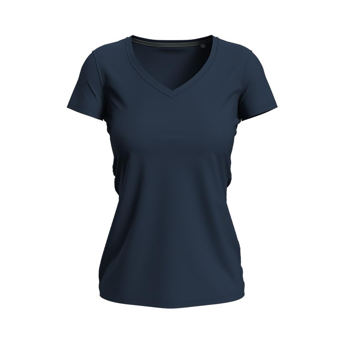 A navy women's t-shirt with a V-neck design, featuring short sleeves and a fitted silhouette.