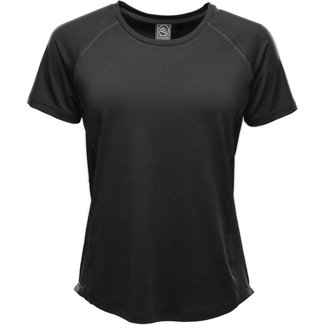 A black Women's Pacifica Tee with a classic crew neck and raglan sleeves, featuring a small logo.