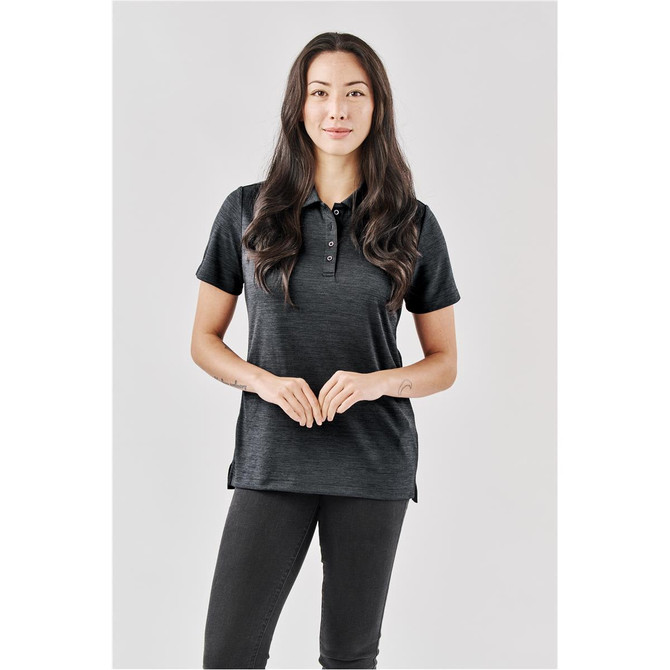 A black women's polo shirt with a collared neckline and half-button placket, featuring a logo.