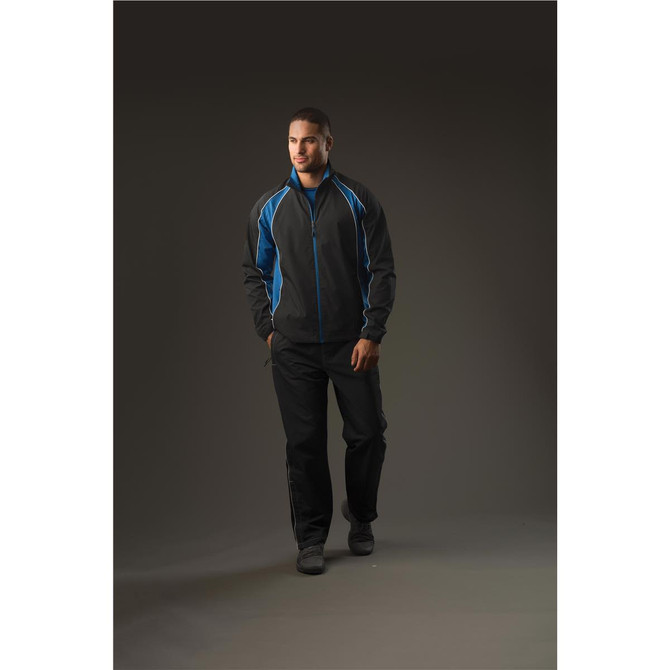 Men's Warrior Training Jacket in black with blue accents, featuring a zip front and side pockets. Includes a logo.