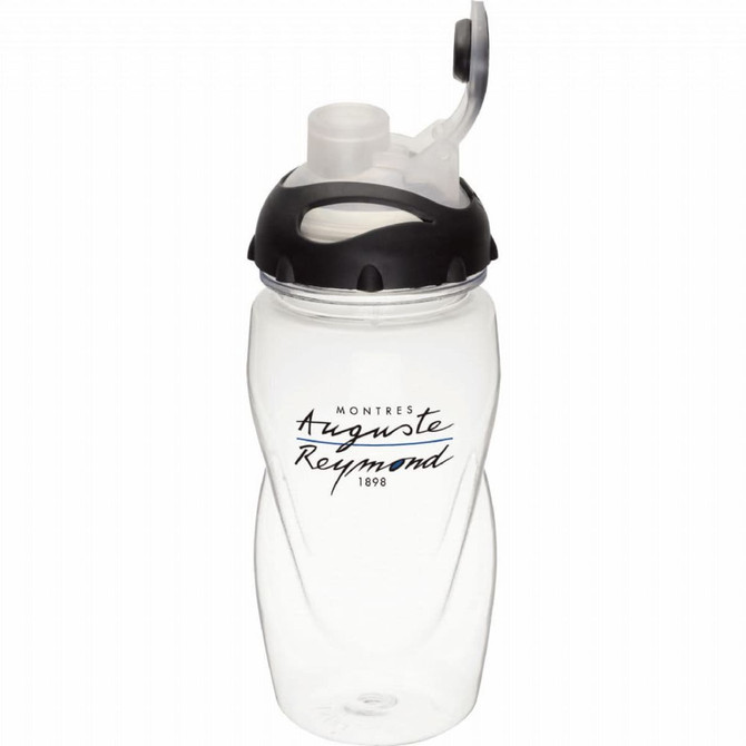 A drink bottle in clear plastic with a black lid and a flip-top spout, featuring a logo on the front.