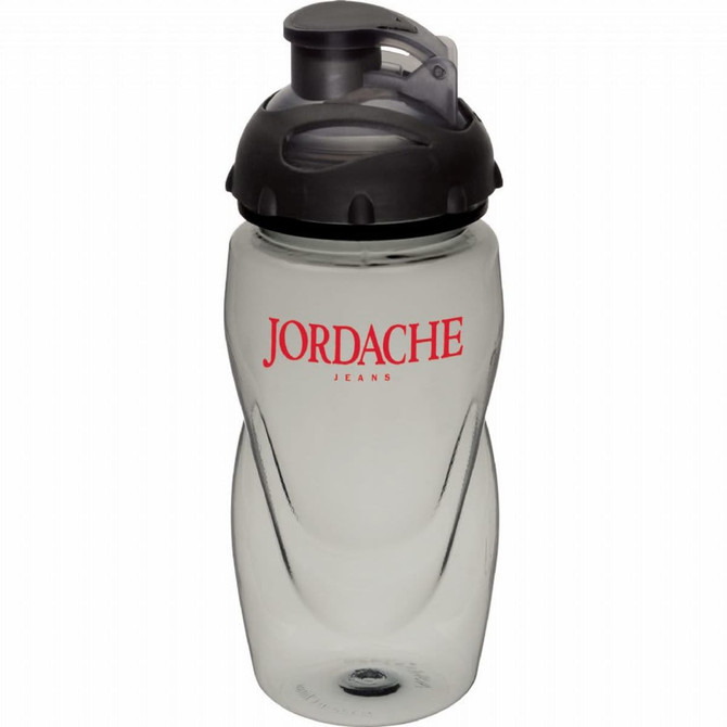 A drink bottle featuring a clear body with a black lid, equipped with a logo on the front.