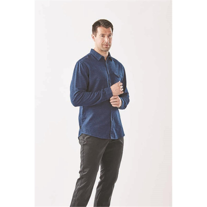 A men's long sleeve twill shirt in navy blue, featuring a button-up design and a single chest pocket.