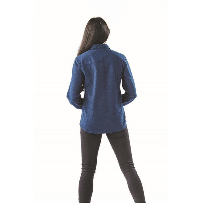 Long sleeve twill shirt in navy blue, featuring a button-up design and a logo. Viewed from the back.