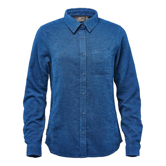 A women's long sleeve button-up shirt in a rich blue hue with a chest pocket and a logo on the collar.