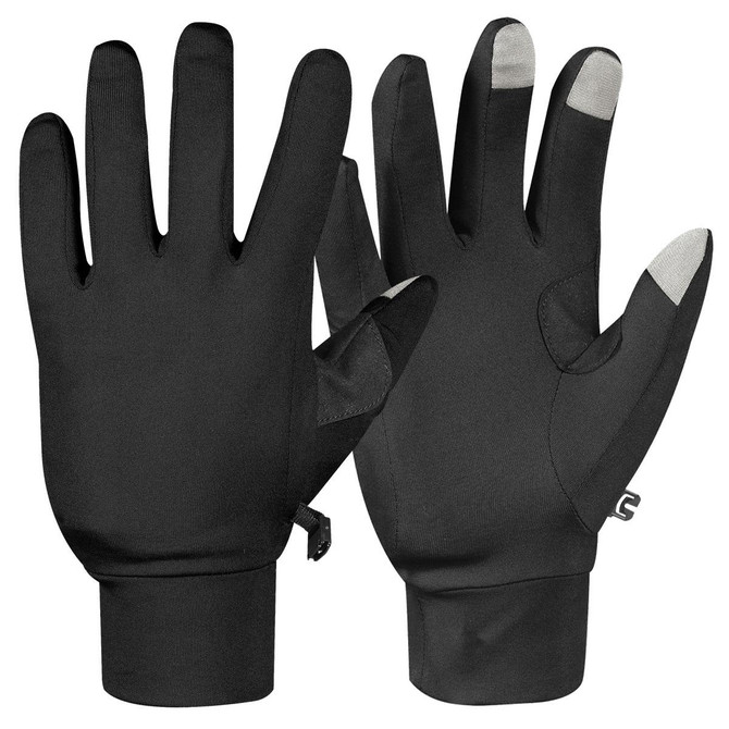 A pair of black fleece gloves featuring touchscreen fingertips and a logo on the wrist.