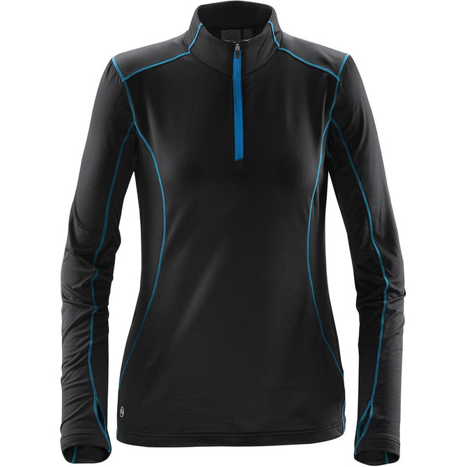 A women's black fleece pullover with blue accents and a half-zip neckline. It features long sleeves and a logo.