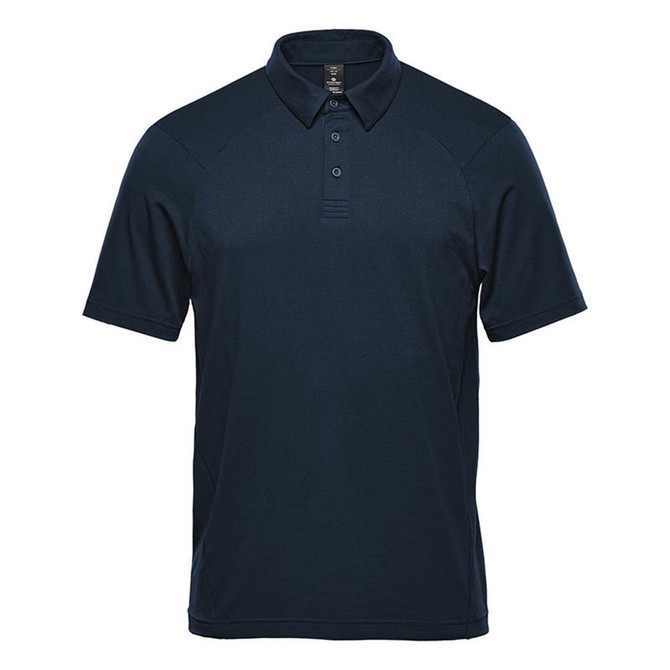 A navy blue men's polo shirt with a collared neckline and short sleeves. It features a logo on the chest.