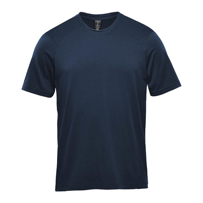 A navy short sleeve performance tee with a simple design and an unbranded logo.