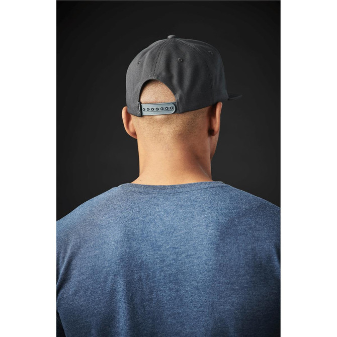 A grey crew neck t-shirt viewed from behind, worn by a person with a cap, set against a dark background.