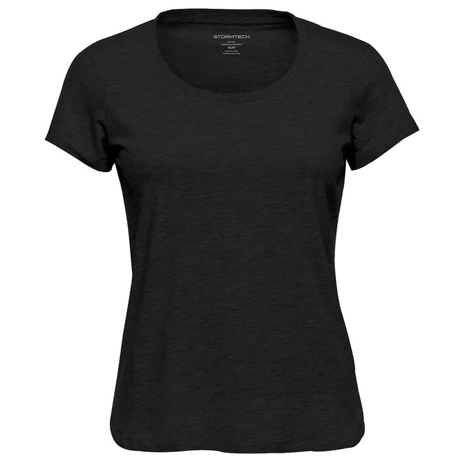 A women's black crew neck T-shirt with short sleeves, featuring a simple design and a logo on the label.
