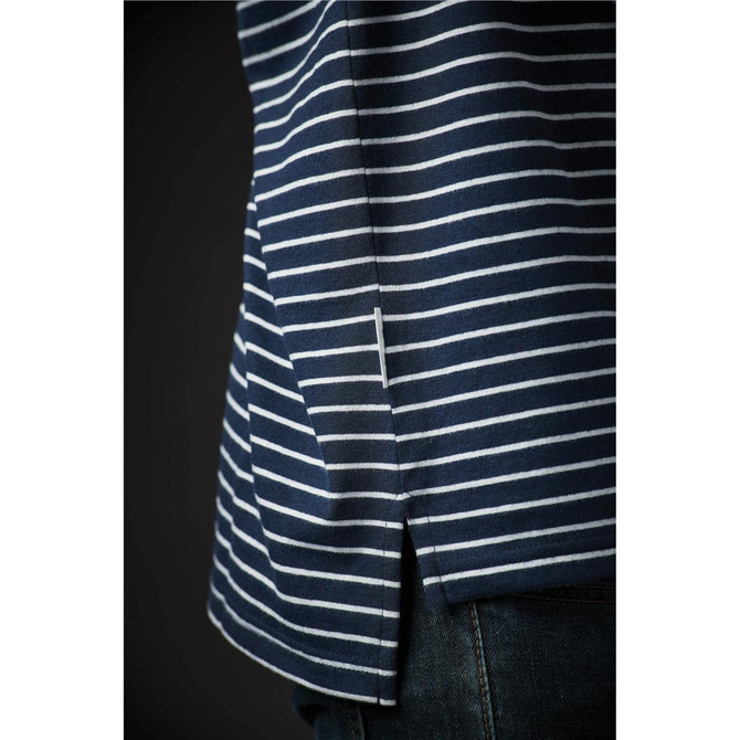A navy blue and white striped men's crew neck tee with a side vent detail. It features a logo.