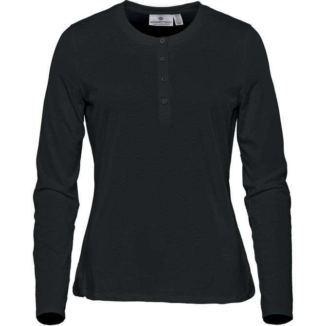A women's long-sleeve henley shirt in dark green, featuring a buttoned neckline and a fitted design.