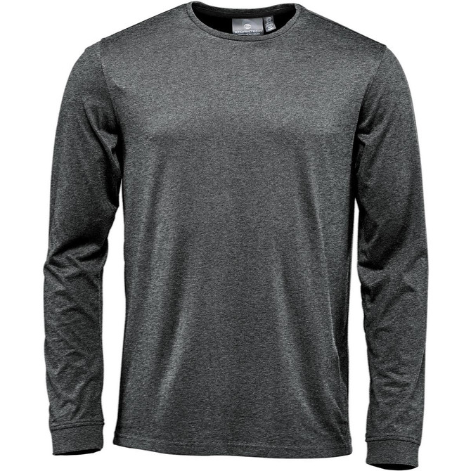 A long-sleeve T-shirt in a dark grey colour, featuring a simple design and a logo on the label.