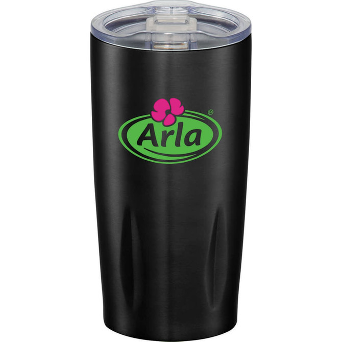 A drink bottle in matte black with a transparent lid and a logo on the front. It's a 590ml vacuum tumbler.
