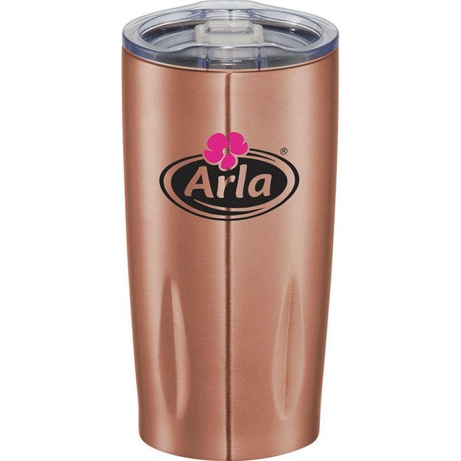 A drink bottle featuring a copper finish, with a clear lid and a prominent logo on the front.