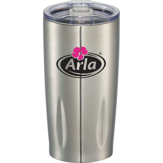 A drink bottle featuring a stainless steel finish, a clear lid, and a prominent logo.
