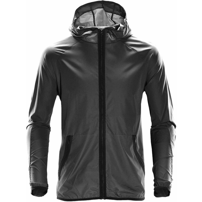 A men's hooded shell rain jacket in black, featuring zippered pockets and a fitted design. It has a logo.