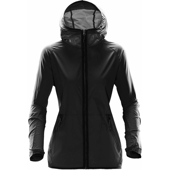 A women's hooded rain jacket in black with zippered pockets and a logo.
