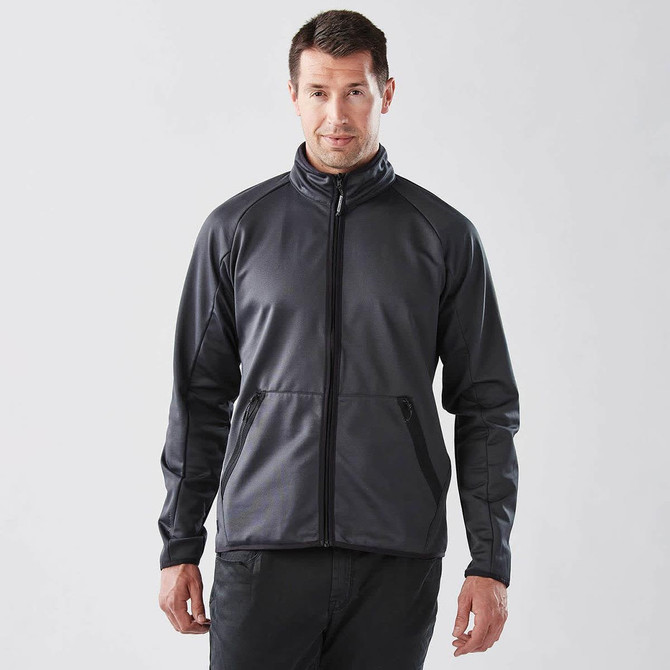 A men's polar fleece jacket in dark grey, featuring a full zip and a subtle logo.