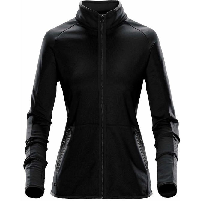A black women's polar fleece jacket featuring a zip front and zippered pockets, with a branding logo on it.