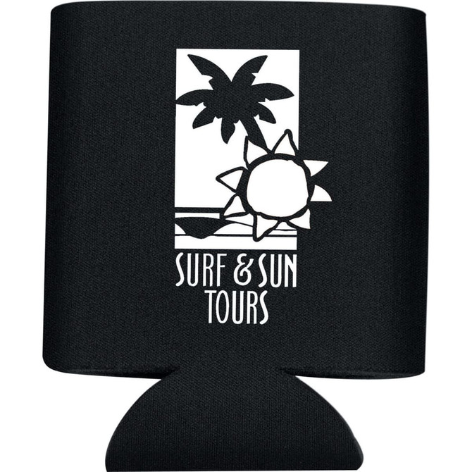 A black collapsible can insulator with a logo featuring a sun and palm tree design.
