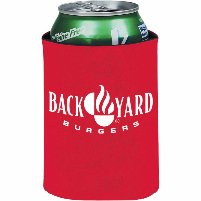 A collapsible can insulator in red, designed to hold a 350ml drink can, featuring a logo.