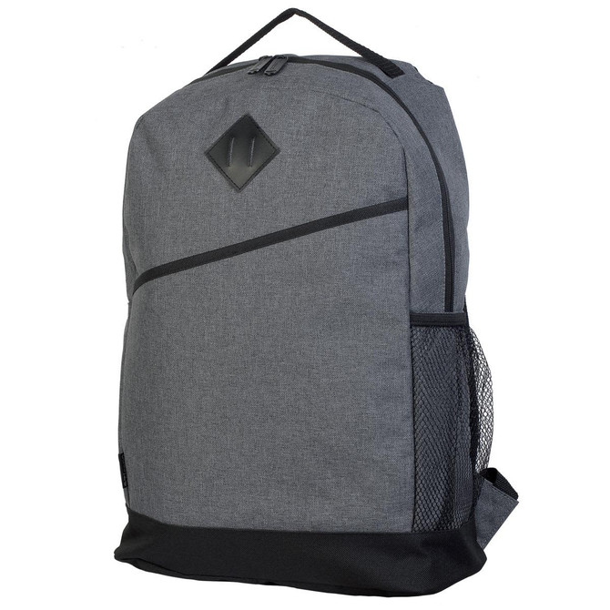 A grey backpack with a diamond-shaped logo, featuring a mesh side pocket and a sleek design.