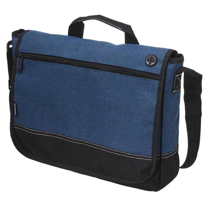 A blue and black laptop satchel featuring a front zip pocket and an adjustable strap, with a logo on the front.