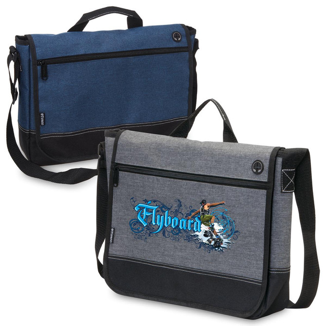 A laptop satchel in blue and grey, featuring an artistic design and a shoulder strap. The bag includes a logo.